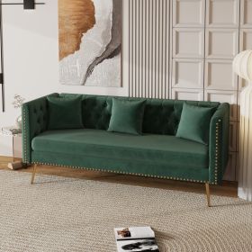 Modern Flat Armrest Living Room Sofa Green Three Seat Sofa With Two Throw Pillows