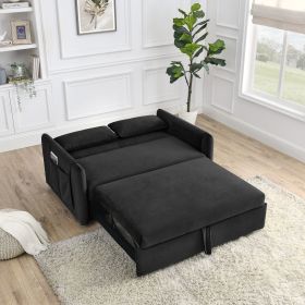 55" Modern Convertible Sofa Bed with 2 Detachable Arm Pockets; Velvet Loveseat Sofa with Pull Out Bed; 2 Pillows and Living Room Adjustable Backrest;