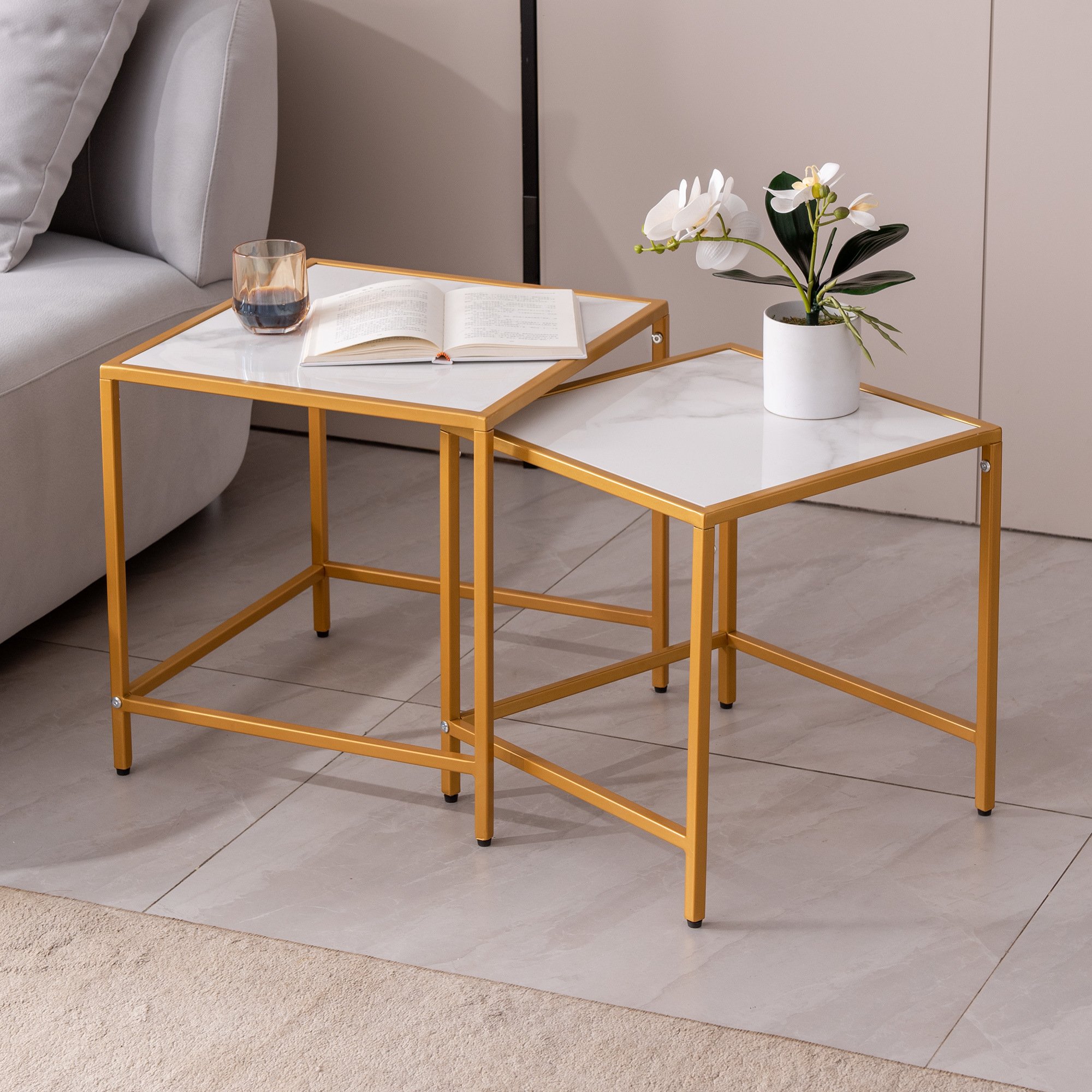 Nesting End/Side Table,Night Stand 2-Piece Set,Square Sintered stone Top with Golden Metal Frame Nesting End/Side Table,Night Stand 2-Piece Set,Square Sintered stone Top with Golden Metal Frame