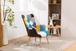 Modern Patchwork Accent Chair with Solid Wood Armrest and Feet, Mid-Century Modern Accent Sofa, Fabric Sofa Chair for Living Room Bedroom Studio, Comf