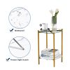 2-layer End Table with Tempered Glass and Marble Tabletop, Round Coffee Table with Golden Metal Frame for Bedroom Living Room Office (1 piece)