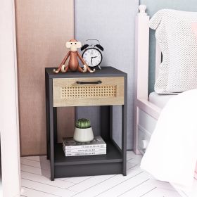 15.75" Rattan End table with drawer, Modern nightstand, side table for living roon, bedroom (Color: Black)