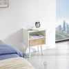 15.75" Rattan End table with Power Outlet & USB Ports , Modern nightstand with drawer and solid wood legs, side table for living roon, bedroom