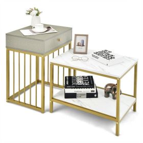 Living Room Bedroom 2PCS 2-Tier Nesting Coffee Sofa Side End Tables (Color: White+Gold, Type: Coffe table)