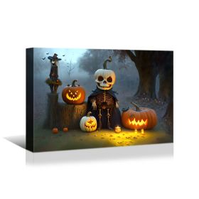 Drop-Shipping Framed Canvas Wall Art Decor Painting For Halloween, Skeleton with Jack-o-lanterns Painting For Halloween Gift, Decoration For Halloween (Color: as Pic)