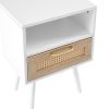 15.75" Rattan End table with Power Outlet & USB Ports , Modern nightstand with drawer and solid wood legs, side table for living roon, bedroom