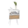 15.75" Rattan End table with Power Outlet & USB Ports , Modern nightstand with drawer and solid wood legs, side table for living roon, bedroom
