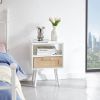 15.75" Rattan End table with Power Outlet & USB Ports , Modern nightstand with drawer and solid wood legs, side table for living roon, bedroom