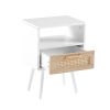 15.75" Rattan End table with Power Outlet & USB Ports , Modern nightstand with drawer and solid wood legs, side table for living roon, bedroom